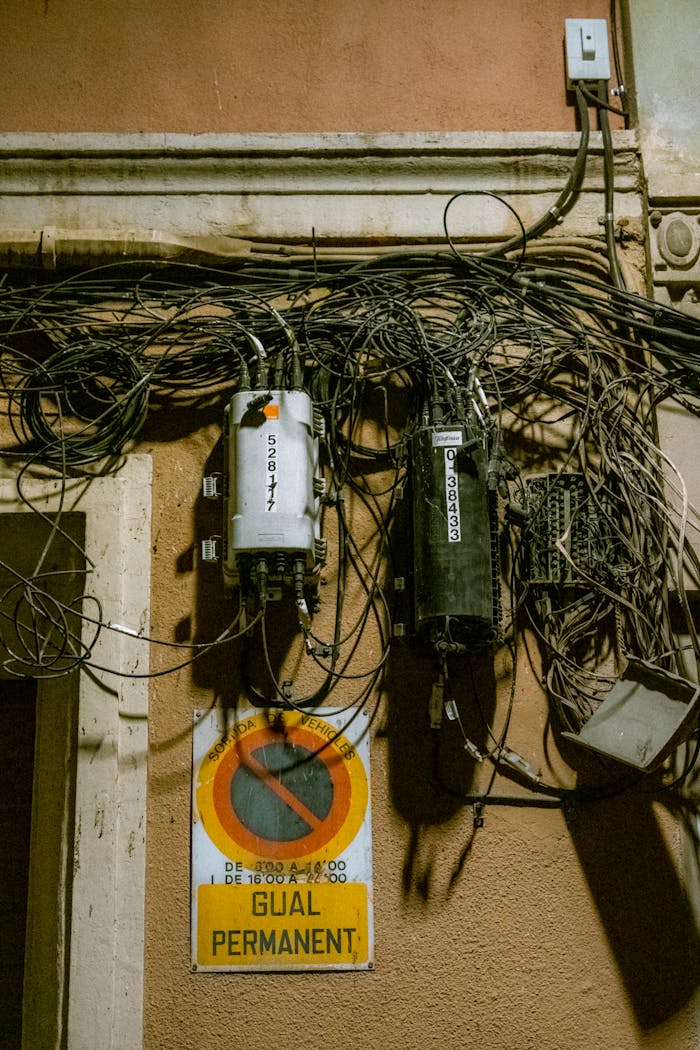 A close-up of tangled electrical wires on an urban wall, highlighting safety concerns.